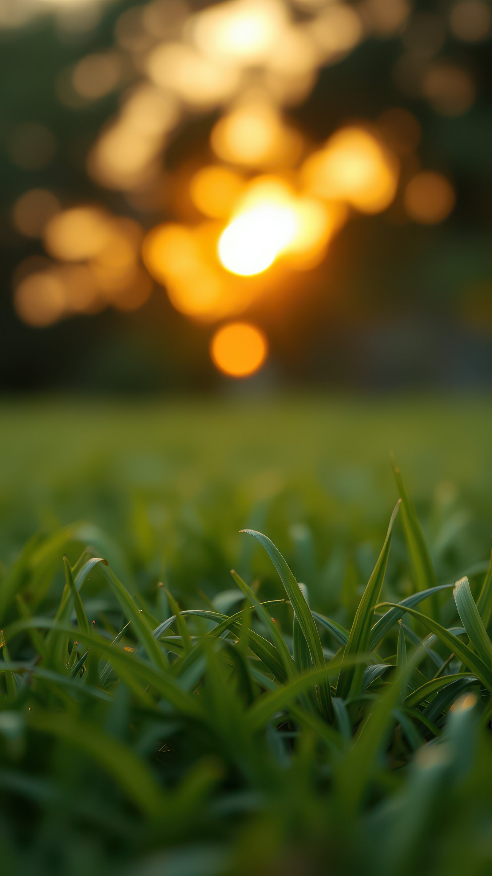 Sunlight illuminates lush green grass during a vibrant sunset in a peaceful outdoor setting